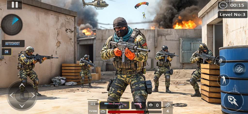 FPS Fire: Battle Royale Games - Soldados con equipo táctico participan en combate dentro de un entorno de battle royale