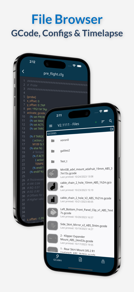 Mobileraker - Klipper UI - Interface do aplicativo Mobileraker mostrando o navegador de arquivos GCode e o editor de arquivos de configuração em dois dispositivos iPhone.