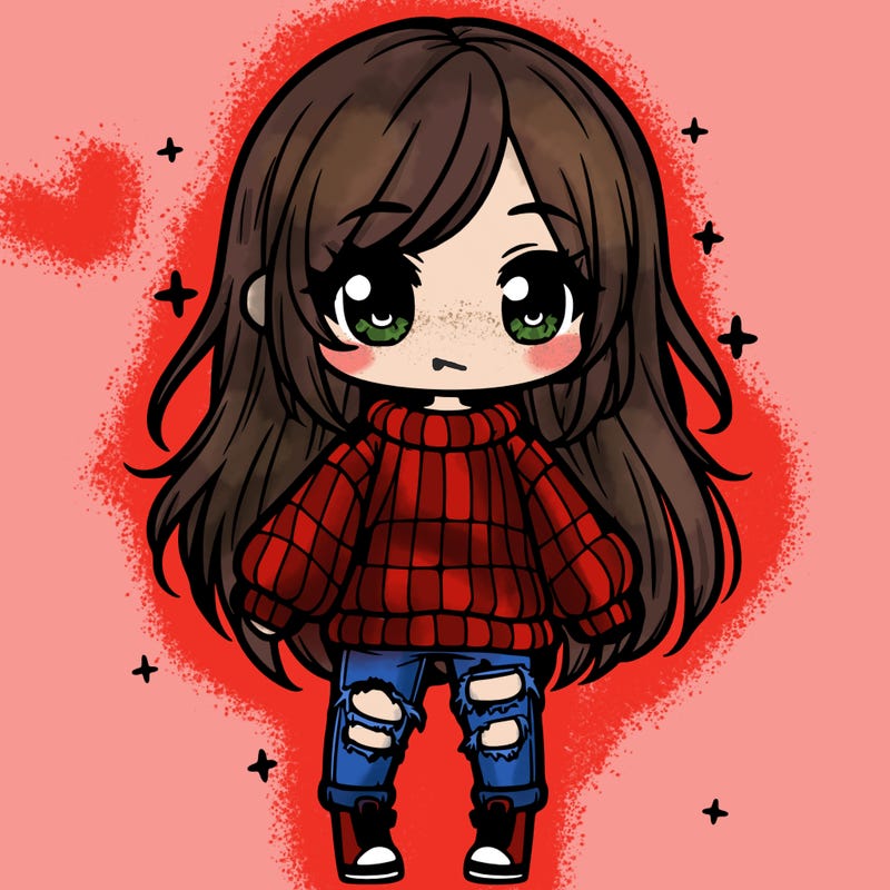 chibi girl with ripped jeans,long hair, and an oversized sweater