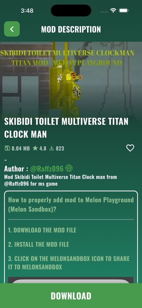 Mods for melon PG! - Detailed description and installation steps for a Skibidi Toilet Titan Clock Man mod