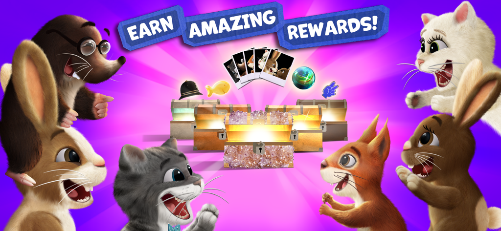 Pet Racing: Kids Go-Kart Game - Cartoon pet characters celebrating around treasure chests with the text earn amazing rewards