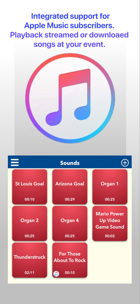 Sports Audio DJ app interface showing Apple Music support and a grid of stadium sound tiles