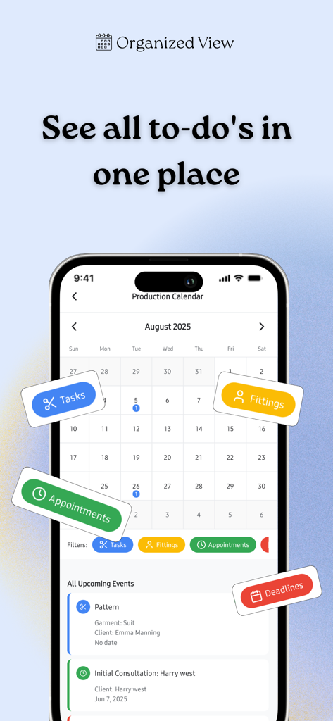 Seam: Tailor App - Seam app production calendar showing daily tasks fittings and appointments for tailors