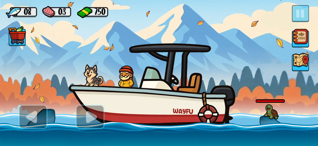 Catch and Feed - Pêcheur et chien de dessin animé sur un bateau avec un arrière-plan de montagnes dans le jeu mobile Catch and Feed.