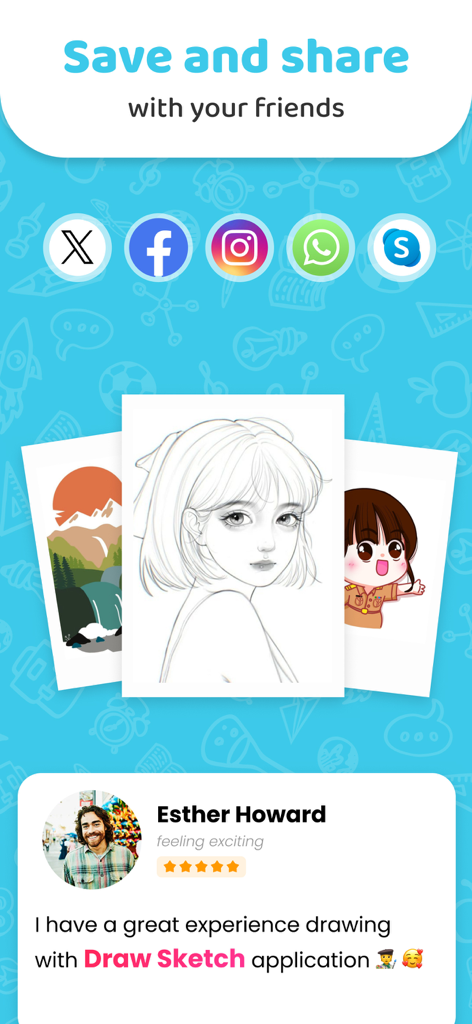 AR Drawing app interface showing social media sharing options and a 5 star user testimonial with anime sketches.