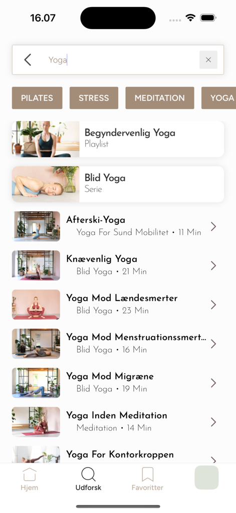 Search interface of the Ro Movement app showing a list of yoga video classes and categories
