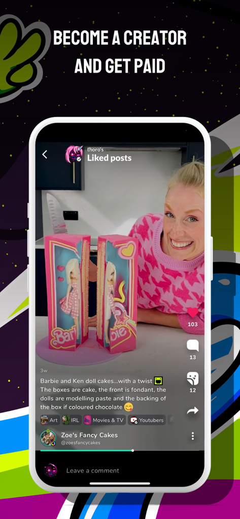 Game Jolt Social - Smartphone screen showing the Game Jolt Social app interface with a creator video and text about getting paid for content creation