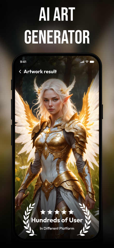 AI Art Generator & Editor - Artly AI app interface displaying a cinematic high resolution artwork of a blonde elf warrior with golden wings