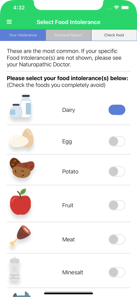 Carroll Food Intolerance - Interface of the Carroll Food Intolerance app showing a list of common food categories with toggle switches to select personal intolerances.