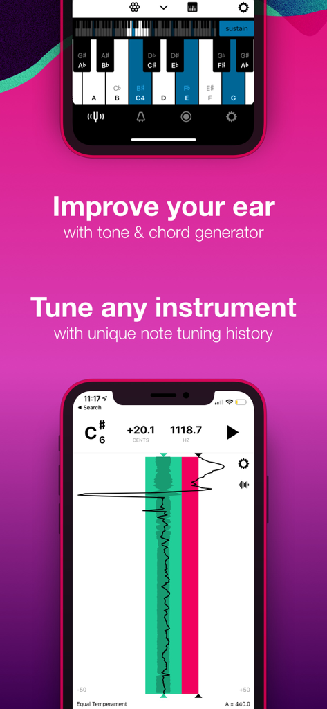 Tunable – Tuner & Metronome - Tunable app screenshots showing the tone generator keyboard and visual pitch history tuner