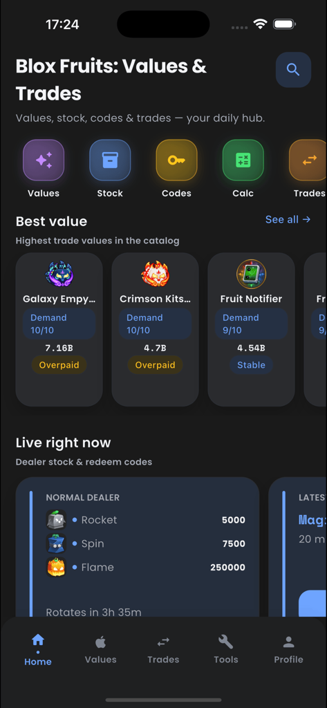 Blox Fruits: Values & Trades - Startbildschirm der Blox Fruits-App mit Trade-Werten und Händlerbestand