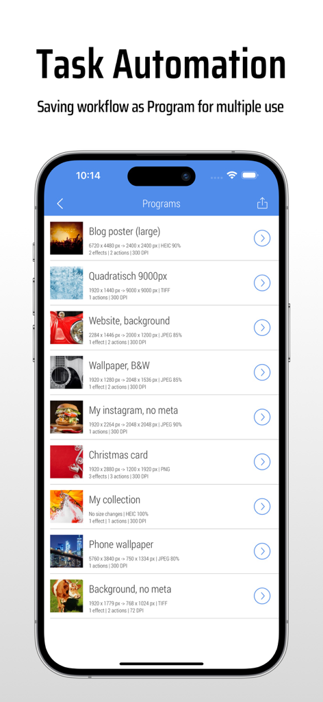 CropSize app interface showing a list of saved image editing programs for task automation.