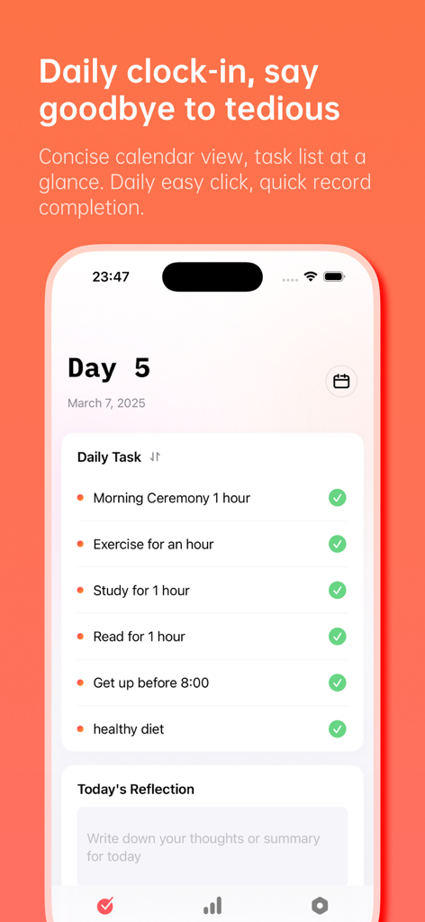 The 50 Day-Project 50 check-in - A mobile app interface showing a list of completed daily tasks for a 50 day challenge