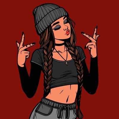 realistic teenage girl with braids and a beanie and crop top doing 🫶🏼