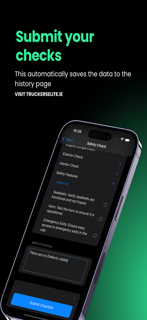 Smartphone displaying a vehicle safety inspection checklist within the WalkAround Checks mobile app