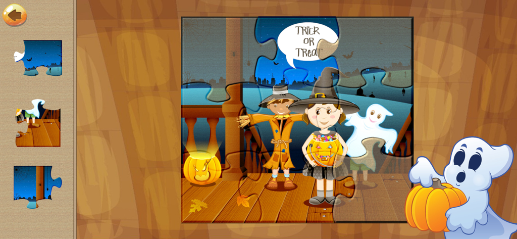 Halloween Puzzle Game for Kids - A Halloween-themed jigsaw puzzle for kids featuring a witch, a scarecrow, and a friendly ghost.