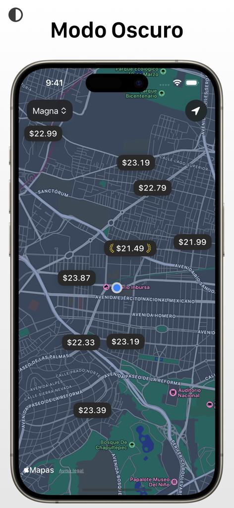 GasClub - Precios de Gasolina - GasClub app interface in dark mode displaying gas station prices on an interactive map