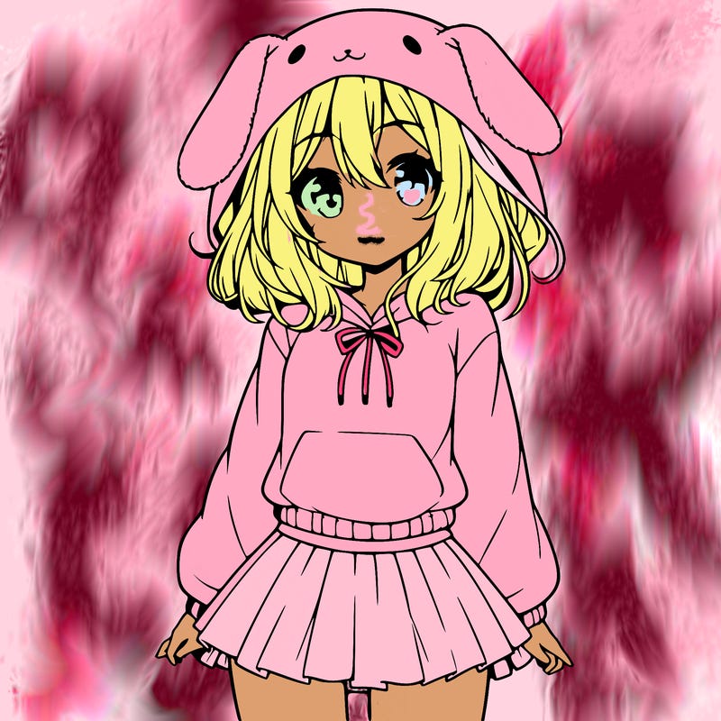 pretty anime girl wearing a fluffy hoodie with bunny ears on the hood and a skirt