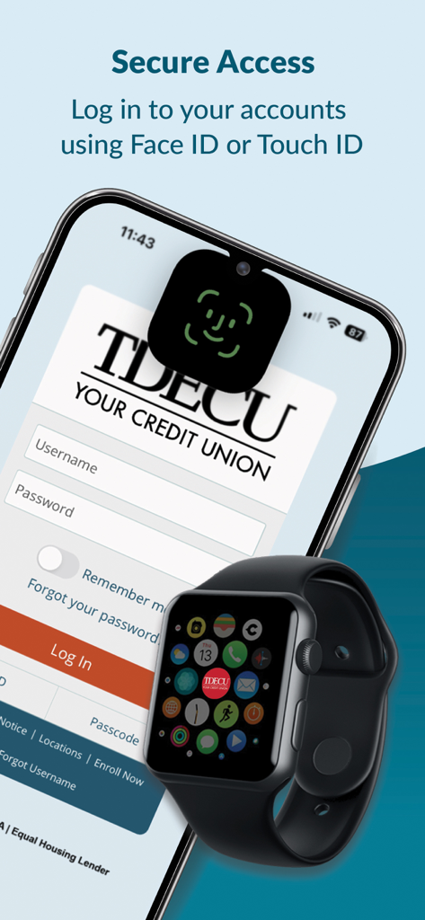 TDECU Digital Banking - TDECU Digital Banking app showing secure login with Face ID on iPhone and Apple Watch.
