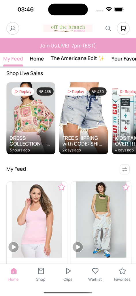 Off The Branch - Homepage of the Off The Branch Boutique app featuring live sales and women's clothing collections