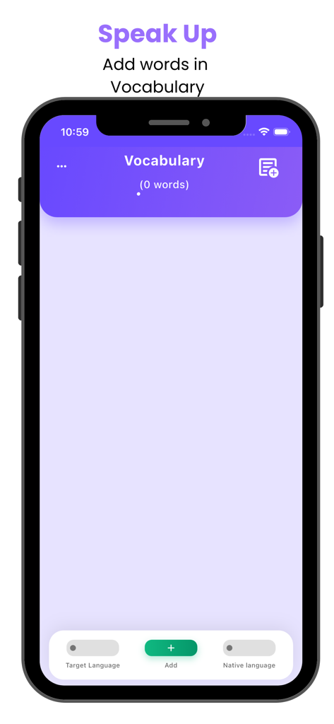 Speak-Up App - Speak-Up app personal dictionary screen showing the interface to add new words for language learning