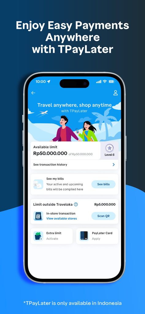 Traveloka app screen showing TPayLater flexible payment options and credit limit interface