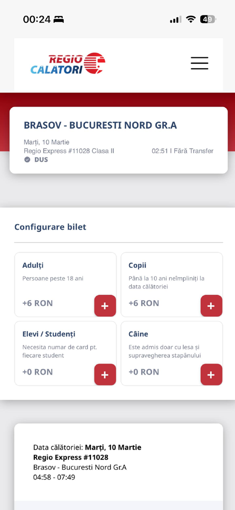 Regio Călători - Regio Calatori app interface showing train ticket configuration options for adults children students and pets