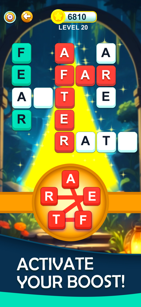 Word Cross - Word Puzzles - Gameplay screenshot of Word Cross showing a crossword puzzle grid and a letter selection wheel on a magical background.