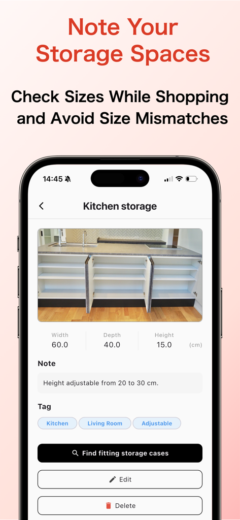 Fitable: Storage Box Finder - 一致する収納ボックスを見つけるためのキッチンキャビネットの測定値を示すアプリインターフェース。
