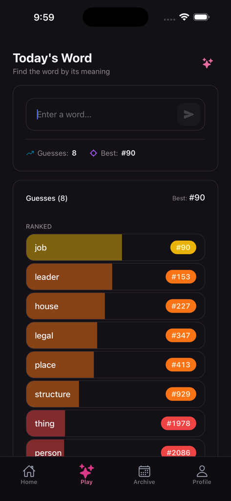 Semantix - Guess the Word - Semantix word game screen showing a list of ranked guesses based on semantic similarity