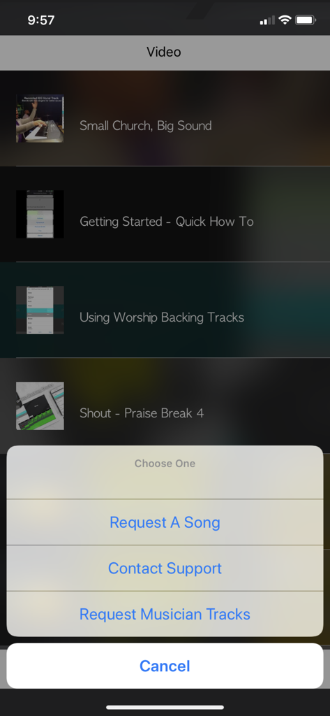 Worship Backing Tracks - Video tutorials and support request menu in the Worship Backing Tracks app