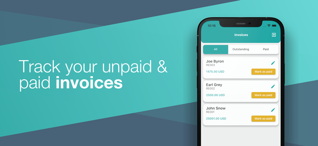 Tela do smartphone mostrando uma lista de faturas de clientes com opções para acompanhar pagamentos pagos e não pagos.