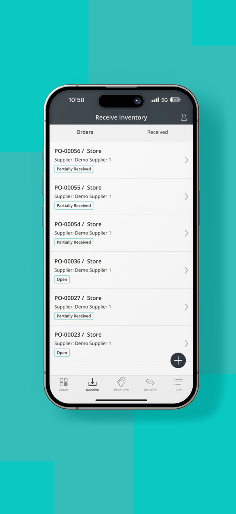Inventory Scan by Hike - Inventory Scan by Hike app interface showing a list of purchase orders and their receiving status on an iPhone screen.