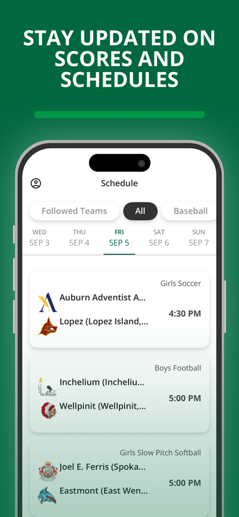 WIAA Live - WIAA Live 앱 화면은 워싱턴 고등학교 축구, 미식축구, 소프트볼의 경기 일정을 표시합니다.