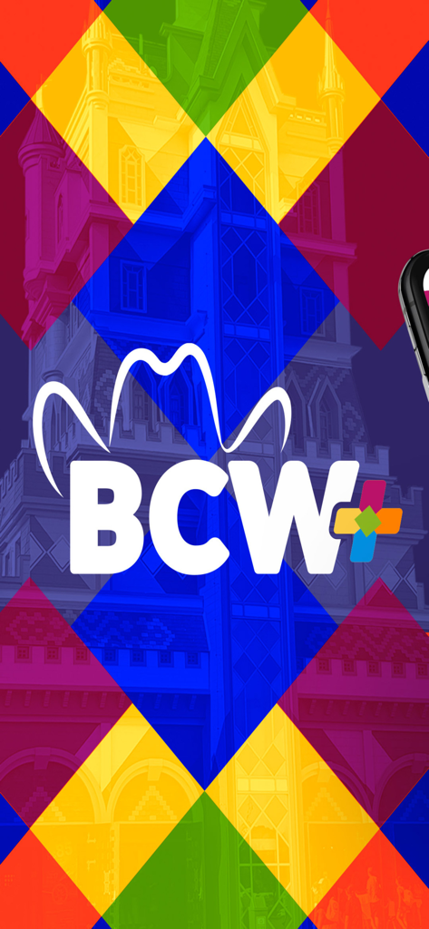 BCW+ - Welcome screen of the BCW plus app for Beto Carrero World featuring a colorful diamond pattern and logo.