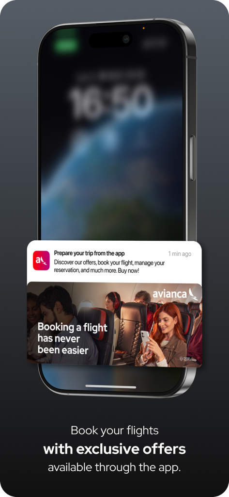avianca - Notificación de la app Avianca en la pantalla de un smartphone que muestra ofertas exclusivas de reserva de vuelos y opciones de gestión de viajes.