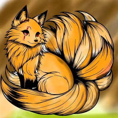 realistic detailed 9 tailed anime fox