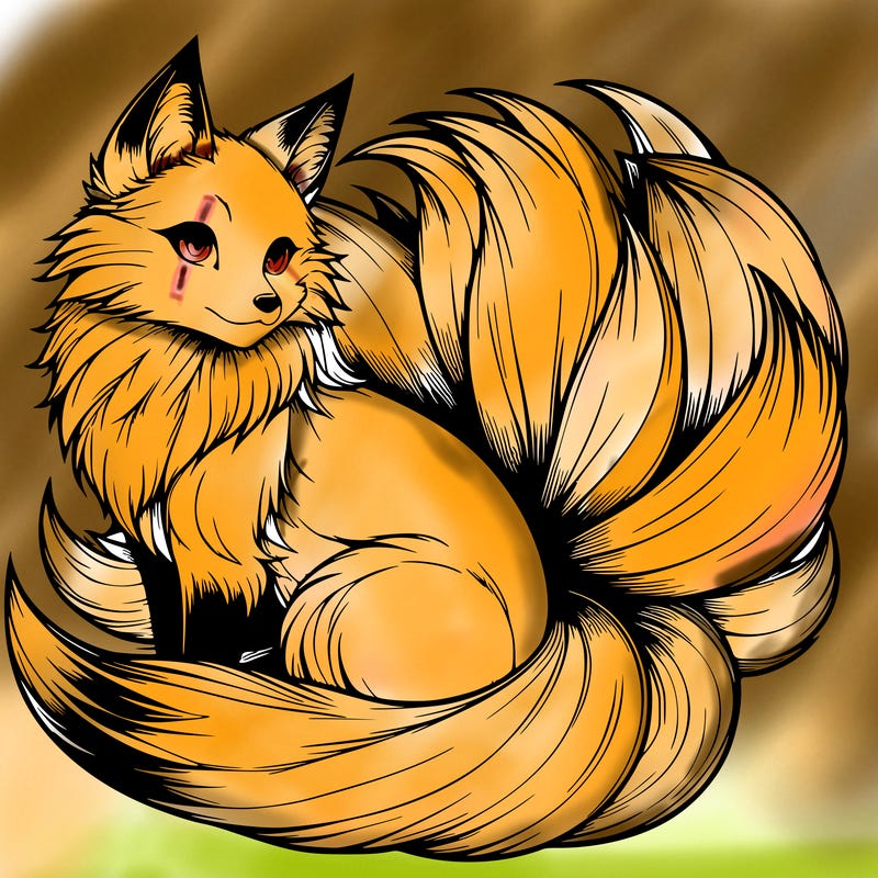 realistic detailed 9 tailed anime fox