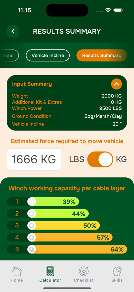 WINCH - La pantalla de resumen de resultados de la aplicación WINCH que muestra la fuerza calculada requerida para la recuperación del vehículo y la capacidad del cabrestante por capa de cable