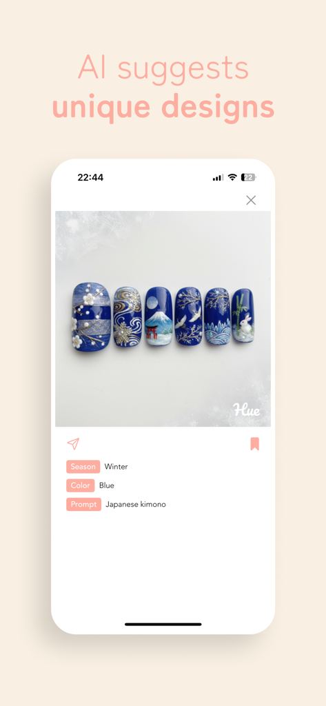AI Nail Design - Hue - Art d'ongles bleus généré par IA avec des motifs de kimono japonais et des motifs d'hiver