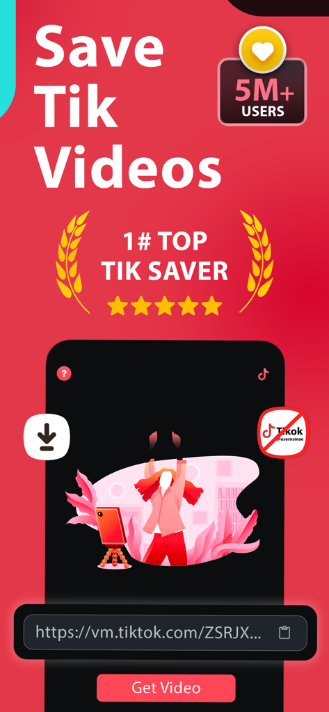 Promotional screen for SnapTik showing how to save TikTok videos by pasting a link and clicking the Get Video button