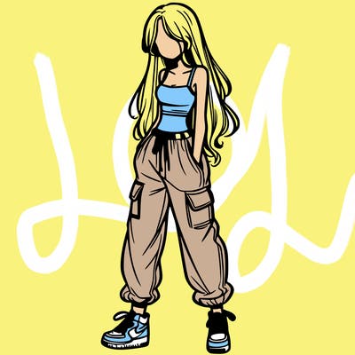 girl in baggy pants crop top and long hair