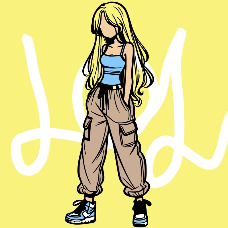 girl in baggy pants crop top and long hair