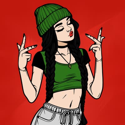 realistic teenage girl with braids and a beanie and crop top doing 🫶🏼