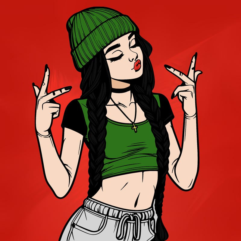 realistic teenage girl with braids and a beanie and crop top doing 🫶🏼