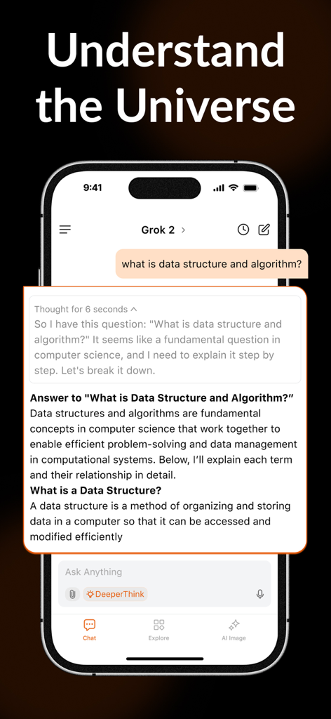 Grow AI app interface showing a deep thinking chat response explaining data structures and algorithms.