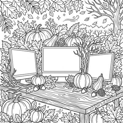 Discover a unique blend of technology and nature with this charming autumn-themed coloring page featuring computer monitors. Adorn your digital workspace with the vibrant colors of fall as you bring this detailed illustration to life.