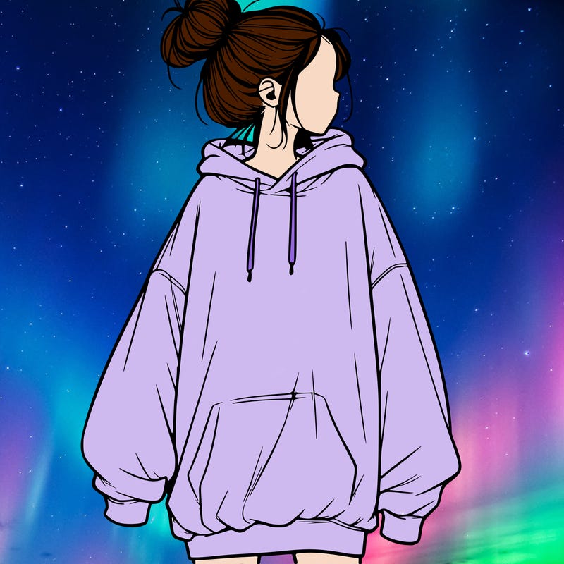 realistic girl with a oversized sweatshirt on and a bun