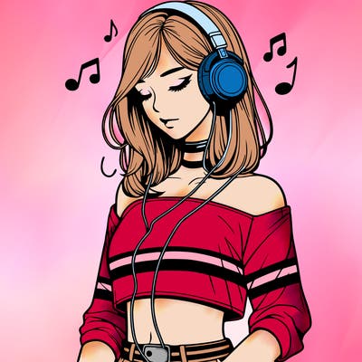 realistic girl wearing crop top looking down with headphones on her head