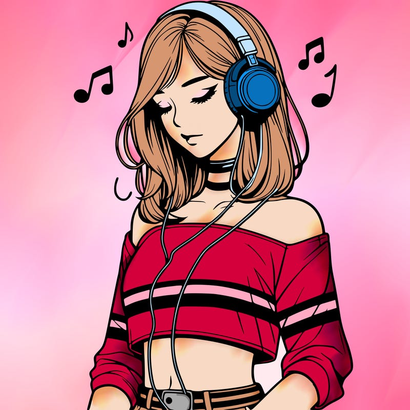 realistic girl wearing crop top looking down with headphones on her head